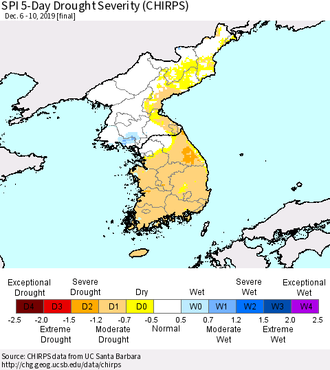 Korea SPI 5-Day Drought Severity (CHIRPS) Thematic Map For 12/6/2019 - 12/10/2019
