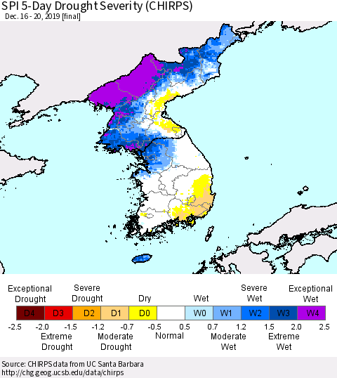 Korea SPI 5-Day Drought Severity (CHIRPS) Thematic Map For 12/16/2019 - 12/20/2019