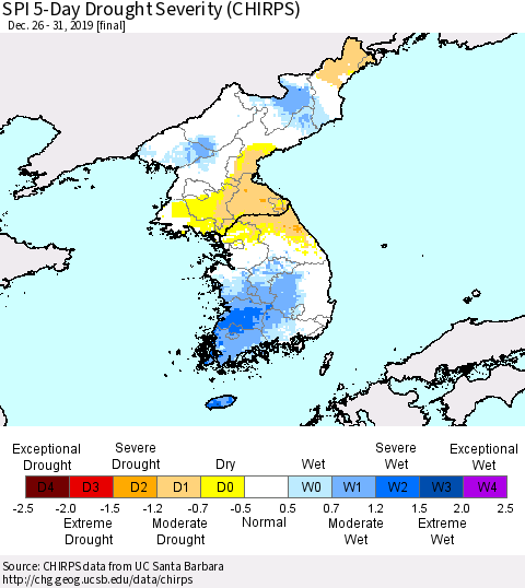 Korea SPI 5-Day Drought Severity (CHIRPS) Thematic Map For 12/26/2019 - 12/31/2019