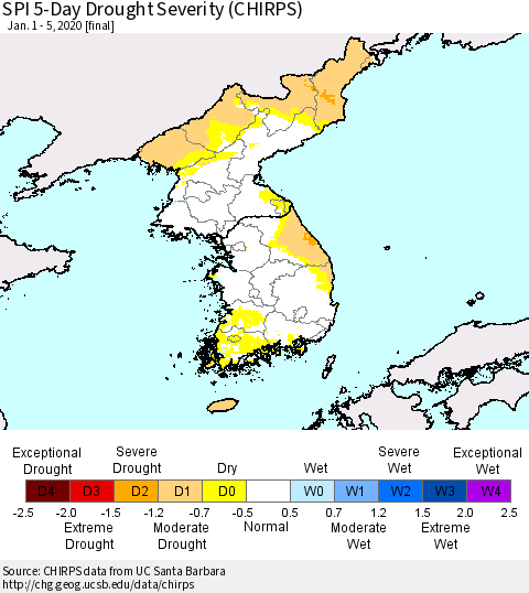 Korea SPI 5-Day Drought Severity (CHIRPS) Thematic Map For 1/1/2020 - 1/5/2020