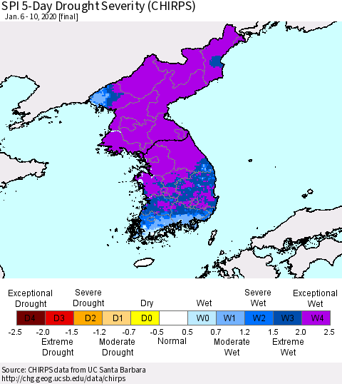 Korea SPI 5-Day Drought Severity (CHIRPS) Thematic Map For 1/6/2020 - 1/10/2020