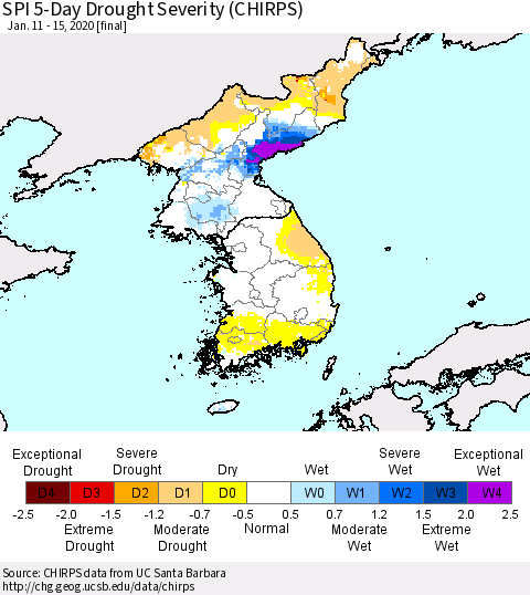 Korea SPI 5-Day Drought Severity (CHIRPS) Thematic Map For 1/11/2020 - 1/15/2020