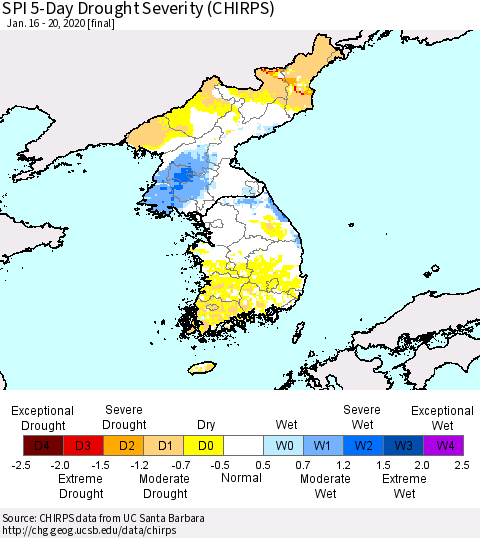 Korea SPI 5-Day Drought Severity (CHIRPS) Thematic Map For 1/16/2020 - 1/20/2020