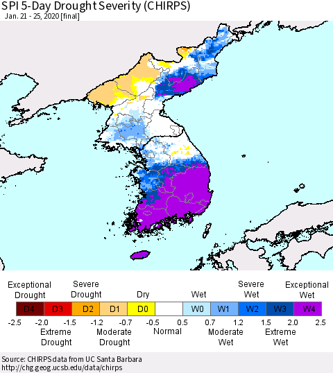 Korea SPI 5-Day Drought Severity (CHIRPS) Thematic Map For 1/21/2020 - 1/25/2020