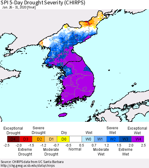 Korea SPI 5-Day Drought Severity (CHIRPS) Thematic Map For 1/26/2020 - 1/31/2020
