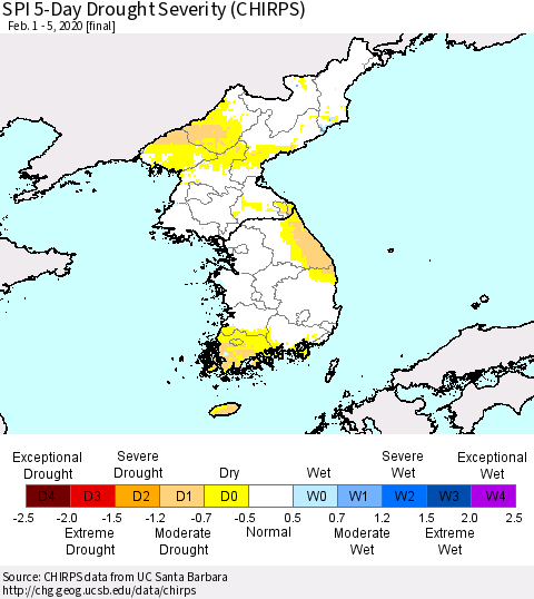 Korea SPI 5-Day Drought Severity (CHIRPS) Thematic Map For 2/1/2020 - 2/5/2020