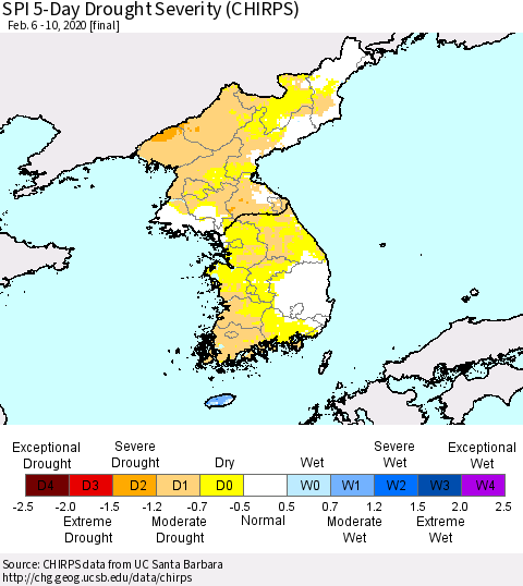 Korea SPI 5-Day Drought Severity (CHIRPS) Thematic Map For 2/6/2020 - 2/10/2020