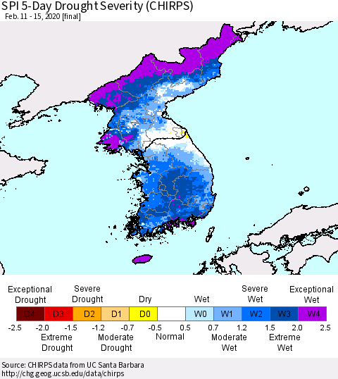 Korea SPI 5-Day Drought Severity (CHIRPS) Thematic Map For 2/11/2020 - 2/15/2020