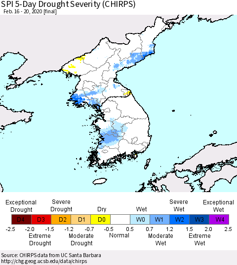 Korea SPI 5-Day Drought Severity (CHIRPS) Thematic Map For 2/16/2020 - 2/20/2020