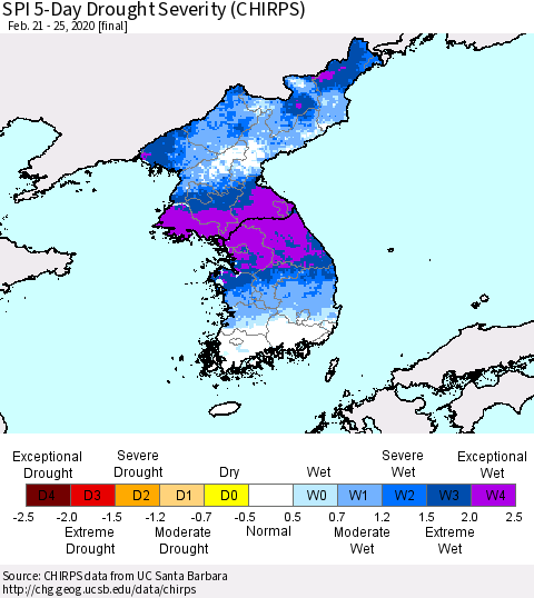 Korea SPI 5-Day Drought Severity (CHIRPS) Thematic Map For 2/21/2020 - 2/25/2020