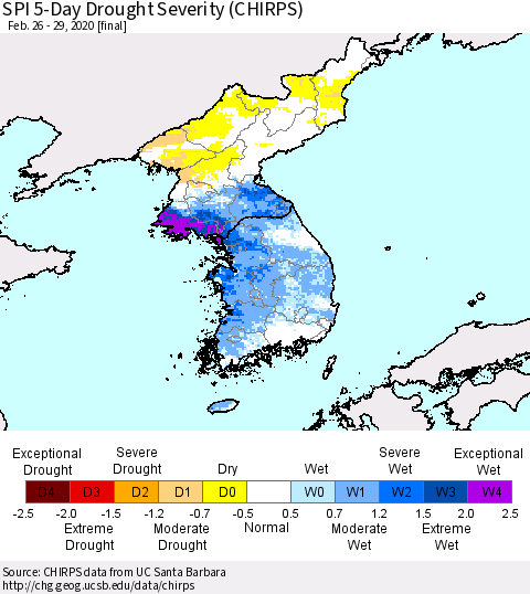Korea SPI 5-Day Drought Severity (CHIRPS) Thematic Map For 2/26/2020 - 2/29/2020