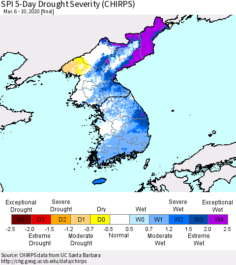 Korea SPI 5-Day Drought Severity (CHIRPS) Thematic Map For 3/6/2020 - 3/10/2020