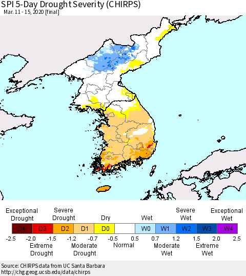 Korea SPI 5-Day Drought Severity (CHIRPS) Thematic Map For 3/11/2020 - 3/15/2020