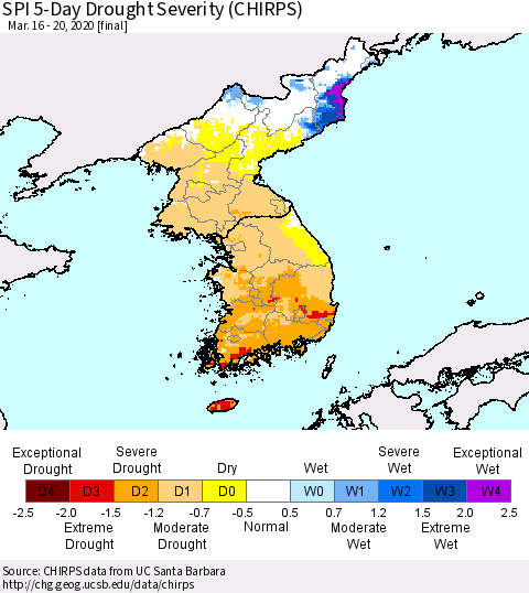 Korea SPI 5-Day Drought Severity (CHIRPS) Thematic Map For 3/16/2020 - 3/20/2020