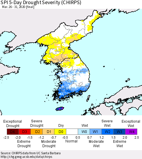 Korea SPI 5-Day Drought Severity (CHIRPS) Thematic Map For 3/26/2020 - 3/31/2020