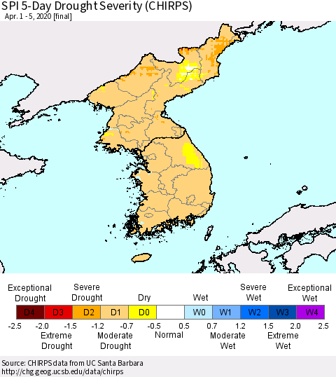 Korea SPI 5-Day Drought Severity (CHIRPS) Thematic Map For 4/1/2020 - 4/5/2020
