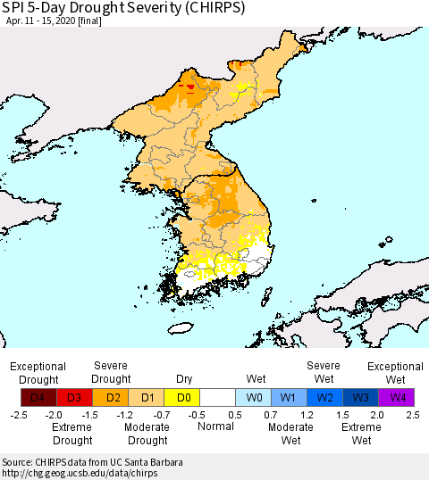 Korea SPI 5-Day Drought Severity (CHIRPS) Thematic Map For 4/11/2020 - 4/15/2020