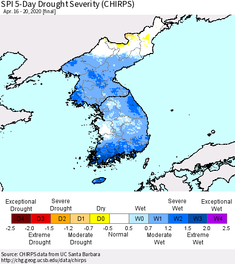 Korea SPI 5-Day Drought Severity (CHIRPS) Thematic Map For 4/16/2020 - 4/20/2020