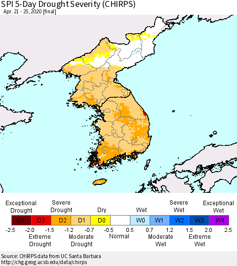 Korea SPI 5-Day Drought Severity (CHIRPS) Thematic Map For 4/21/2020 - 4/25/2020