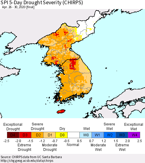 Korea SPI 5-Day Drought Severity (CHIRPS) Thematic Map For 4/26/2020 - 4/30/2020
