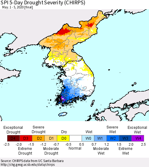 Korea SPI 5-Day Drought Severity (CHIRPS) Thematic Map For 5/1/2020 - 5/5/2020