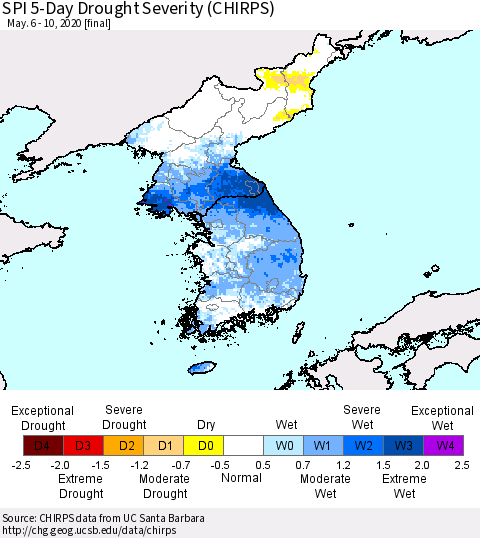 Korea SPI 5-Day Drought Severity (CHIRPS) Thematic Map For 5/6/2020 - 5/10/2020