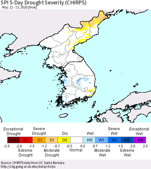 Korea SPI 5-Day Drought Severity (CHIRPS) Thematic Map For 5/11/2020 - 5/15/2020
