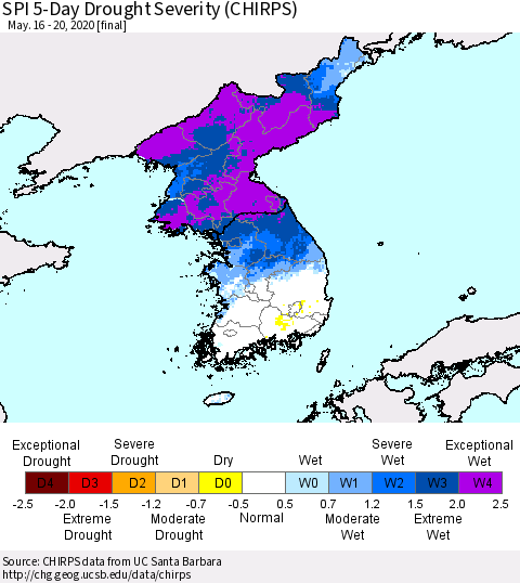 Korea SPI 5-Day Drought Severity (CHIRPS) Thematic Map For 5/16/2020 - 5/20/2020