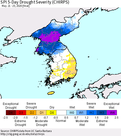 Korea SPI 5-Day Drought Severity (CHIRPS) Thematic Map For 5/21/2020 - 5/25/2020