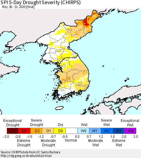 Korea SPI 5-Day Drought Severity (CHIRPS) Thematic Map For 5/26/2020 - 5/31/2020