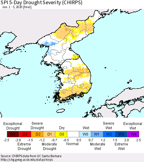 Korea SPI 5-Day Drought Severity (CHIRPS) Thematic Map For 6/1/2020 - 6/5/2020