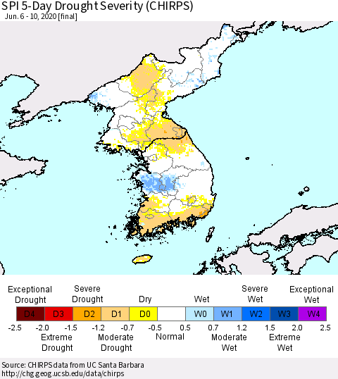 Korea SPI 5-Day Drought Severity (CHIRPS) Thematic Map For 6/6/2020 - 6/10/2020