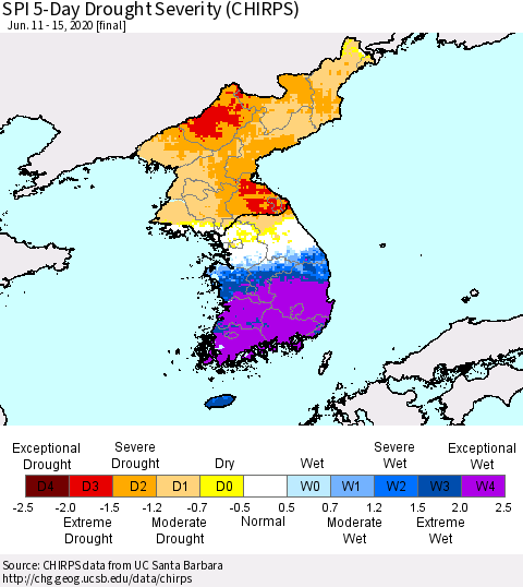 Korea SPI 5-Day Drought Severity (CHIRPS) Thematic Map For 6/11/2020 - 6/15/2020