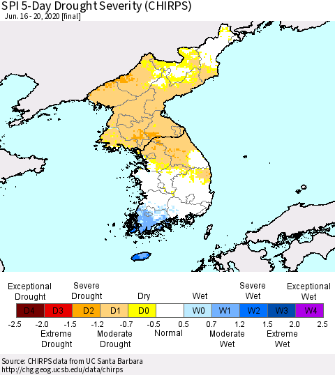 Korea SPI 5-Day Drought Severity (CHIRPS) Thematic Map For 6/16/2020 - 6/20/2020