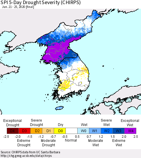 Korea SPI 5-Day Drought Severity (CHIRPS) Thematic Map For 6/21/2020 - 6/25/2020