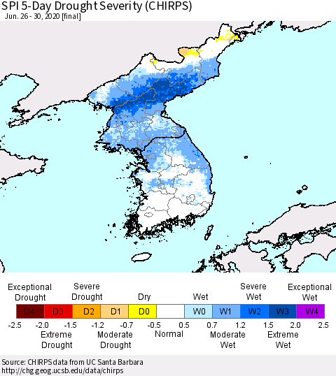 Korea SPI 5-Day Drought Severity (CHIRPS) Thematic Map For 6/26/2020 - 6/30/2020