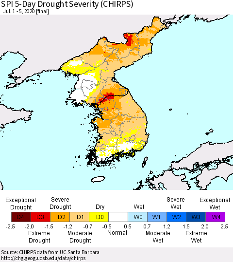 Korea SPI 5-Day Drought Severity (CHIRPS) Thematic Map For 7/1/2020 - 7/5/2020