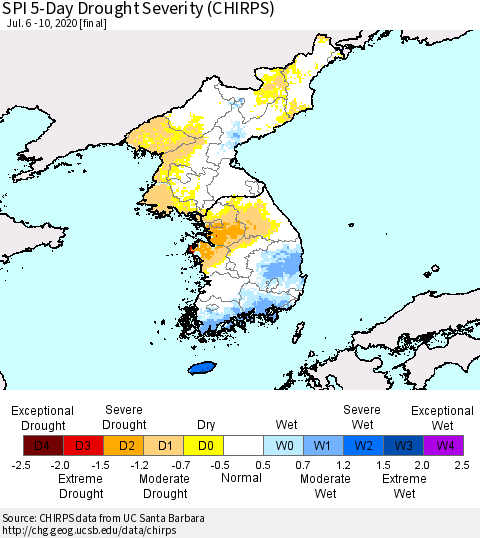 Korea SPI 5-Day Drought Severity (CHIRPS) Thematic Map For 7/6/2020 - 7/10/2020