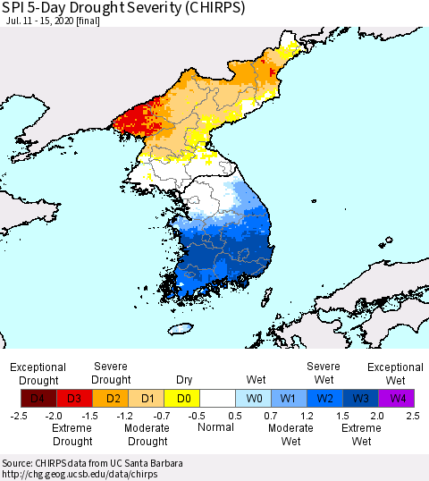 Korea SPI 5-Day Drought Severity (CHIRPS) Thematic Map For 7/11/2020 - 7/15/2020