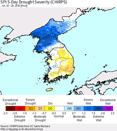 Korea SPI 5-Day Drought Severity (CHIRPS) Thematic Map For 7/16/2020 - 7/20/2020