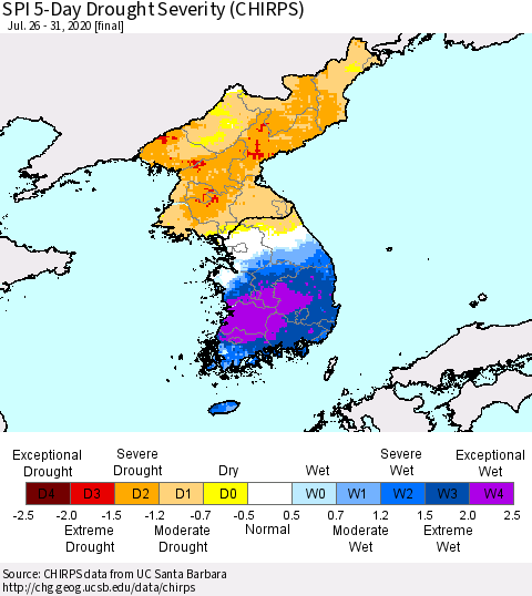 Korea SPI 5-Day Drought Severity (CHIRPS) Thematic Map For 7/26/2020 - 7/31/2020