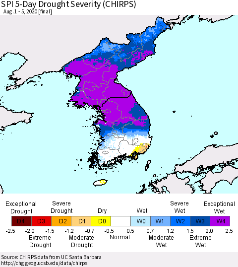 Korea SPI 5-Day Drought Severity (CHIRPS) Thematic Map For 8/1/2020 - 8/5/2020