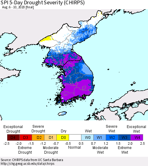 Korea SPI 5-Day Drought Severity (CHIRPS) Thematic Map For 8/6/2020 - 8/10/2020