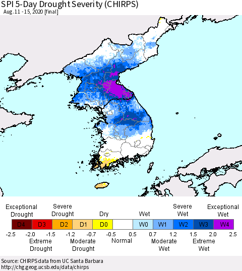 Korea SPI 5-Day Drought Severity (CHIRPS) Thematic Map For 8/11/2020 - 8/15/2020