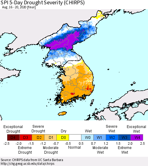 Korea SPI 5-Day Drought Severity (CHIRPS) Thematic Map For 8/16/2020 - 8/20/2020