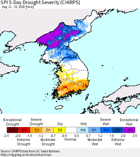Korea SPI 5-Day Drought Severity (CHIRPS) Thematic Map For 8/21/2020 - 8/25/2020