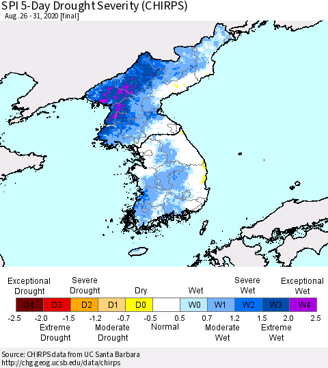 Korea SPI 5-Day Drought Severity (CHIRPS) Thematic Map For 8/26/2020 - 8/31/2020