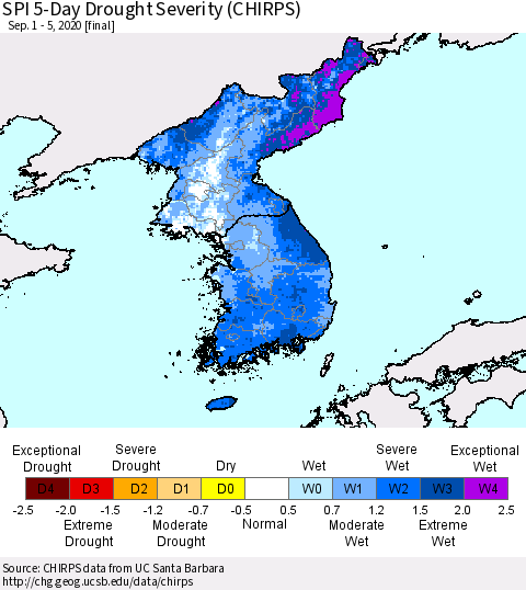 Korea SPI 5-Day Drought Severity (CHIRPS) Thematic Map For 9/1/2020 - 9/5/2020