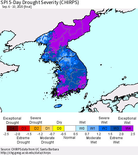 Korea SPI 5-Day Drought Severity (CHIRPS) Thematic Map For 9/6/2020 - 9/10/2020