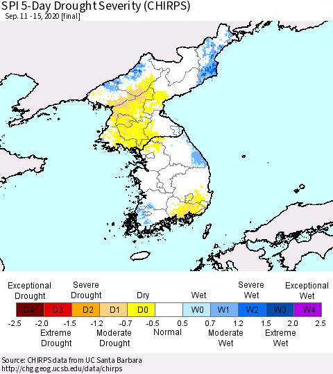 Korea SPI 5-Day Drought Severity (CHIRPS) Thematic Map For 9/11/2020 - 9/15/2020